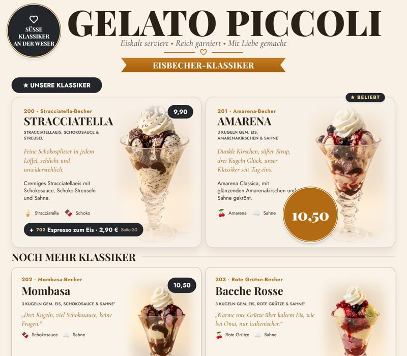 Neue Speisekarte von Gelato Piccoli, Seite Klassiker-Becher