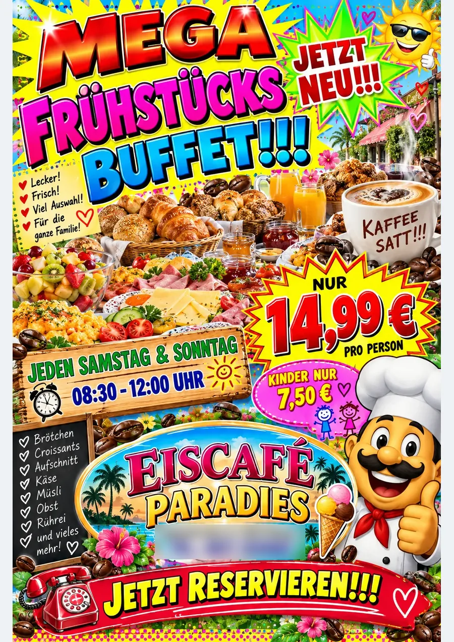 Beispiel: mit KI erzeugtes Werbeplakat für ein Frühstücksbuffet mit vielen Farben, Schriften und Ausrufezeichen