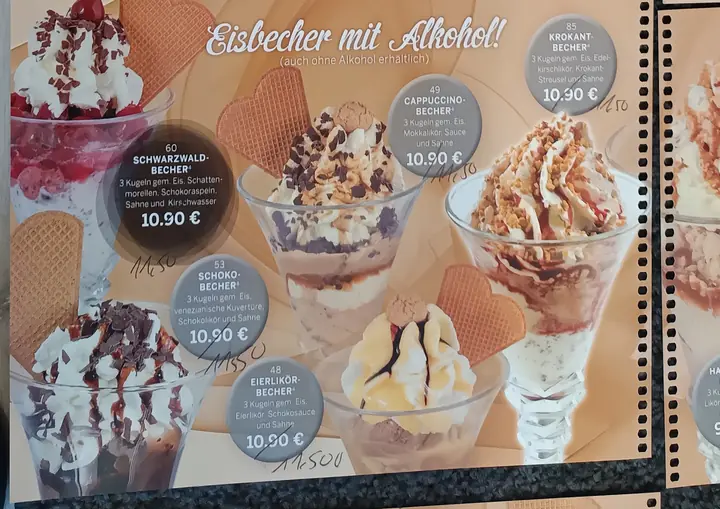 Alte Karte, Seite Eisbecher mit Alkohol