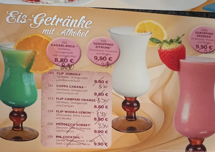 Alte Karte, Seite Eis-Getränke mit Alkohol