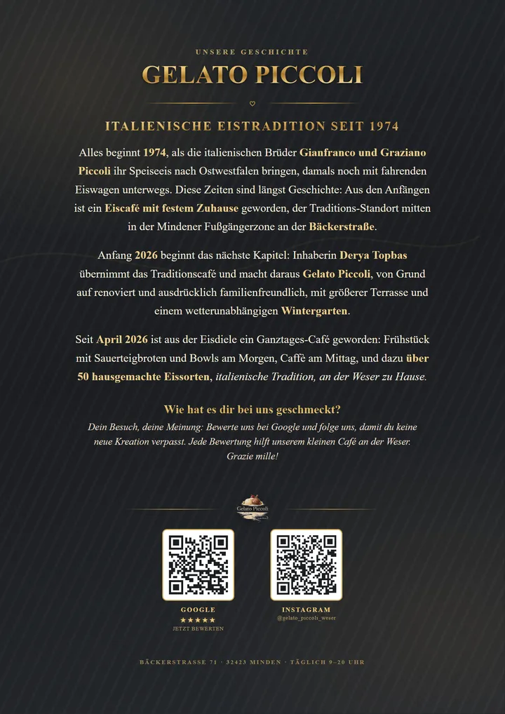 Schlussseite mit der Geschichte des Cafés und QR-Code