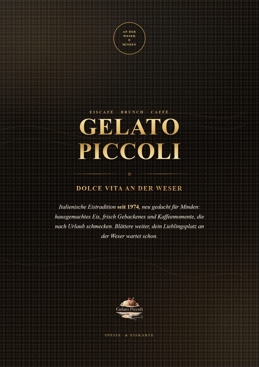 Titelseite der Speisekarte für das Eiscafé Gelato Piccoli